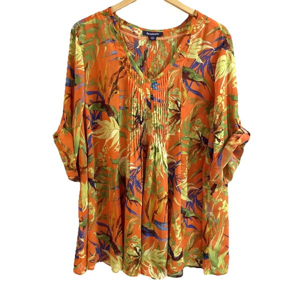 ROAMAN'S Chiffon Pleated Top Women's 24W Colorful Abstract Roll Tab Sleeves - Picture 1 of 11